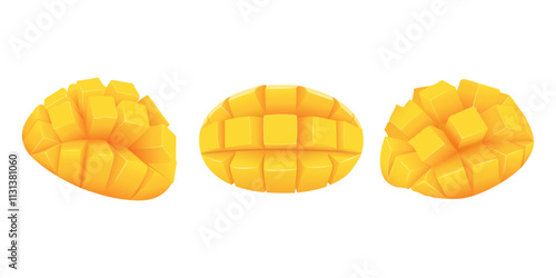Set with cube sliced mango on skin. Diced mango on skin.