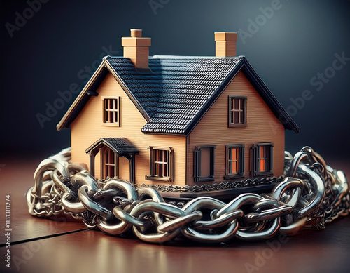 A chain wrapped around a model house representing the constraints and responsibilities of a mortgage photo