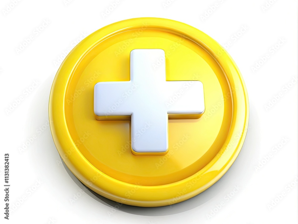 Obraz premium 3D Medical Cross Button Design - Yellow Plus Sign Icon for Healthcare and First Aid Illustrations, Drone Photography, Isolated on White Background with Clipping Path