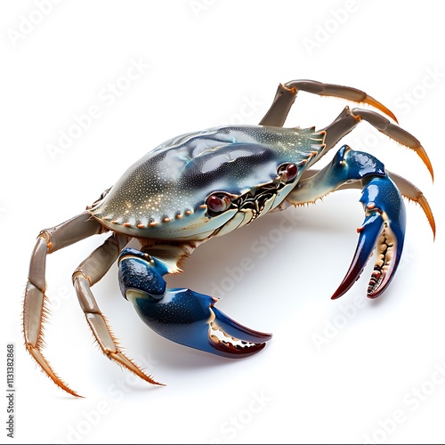 A blue crab walking sideways isolated on white background. photo