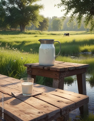 A vintage metal pitcher filled with fresh milk sits atop a wooden bench next to a babbling brook with grazing cows in the meadow, cows, countryside, metal photo