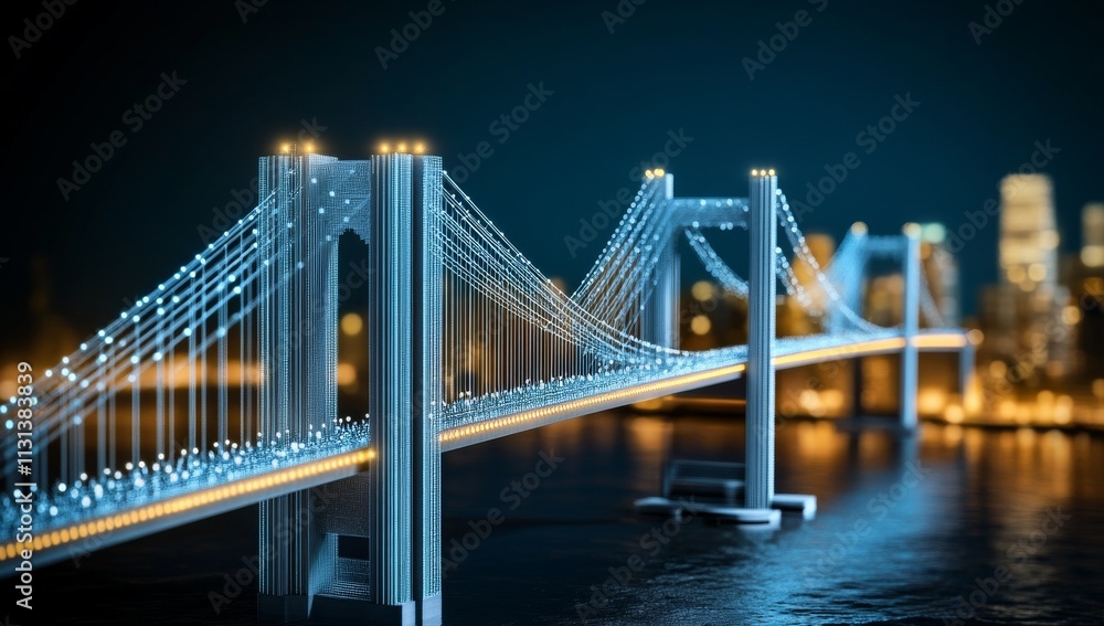 Fototapeta premium Digital Light Blue Bridge with Illuminated Outline on Dark Background