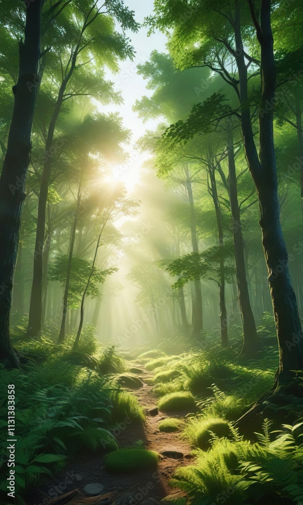 Fototapeta premium Abstracted green forest scene with sunlight glow , soft, diffuse, filtering