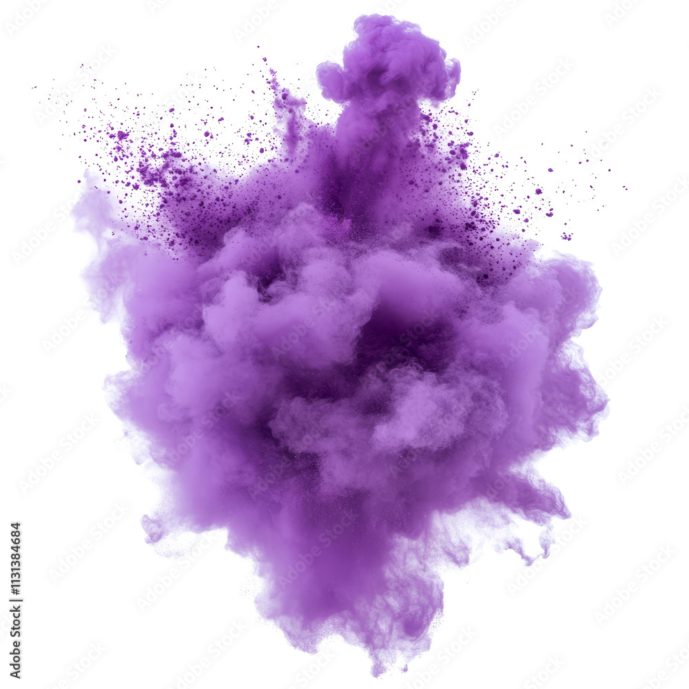 Fototapeta premium Vivid purple smoke powder explosion against a pure transparent background creating an artistic and dynamic visual effect, purple smoke powder explosion isolated on transparent background