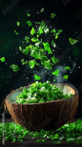 Filipino buko pandan salad served in a coconut shell with pandan leaf garnish, Southeast Asian dessert, creamy and tropical photo