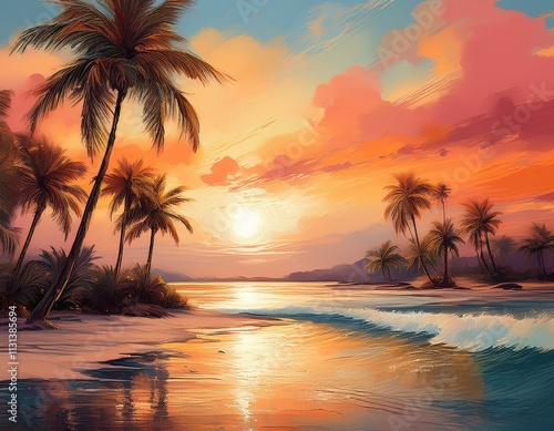 Generated image Tropical landscape with palm trees at sunset. Digital oil painting, printable square artwork