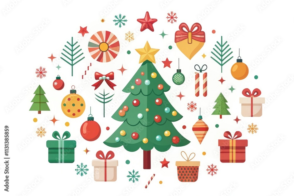 Naklejka premium Charming minimalist Christmas set featuring tree, ornament, and gift designs. Perfect for holiday decor, this collection offers festive illustrations on a white background.