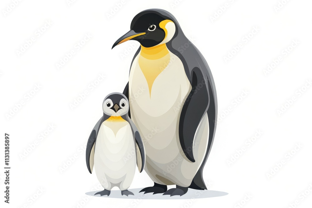 Obraz premium Charming minimalist illustration of an emperor penguin and its chick on a white backdrop, perfect for nature enthusiasts and children's room decor, radiating warmth and cuteness.