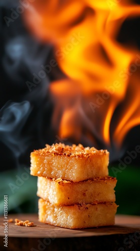 Filipino pichipichi, translucent steamed cassava cakes coated with coconut shreds, Southeast Asian dessert, soft and vibrant photo