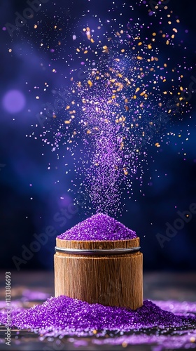 Filipino puto bumbong, steamed purple rice cakes served with grated coconut and muscovado sugar, Southeast Asian dessert, festive and traditional photo