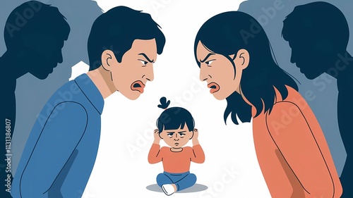 child covering her ears while parents argue, depicting the impact of domestic conflict on children