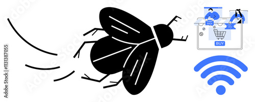 Black fly flying with motion lines, highlighted shopping cart, people with gadgets, and wireless signal. Ideal for digital marketing, ecommerce, modern lifestyle, technology, online shopping