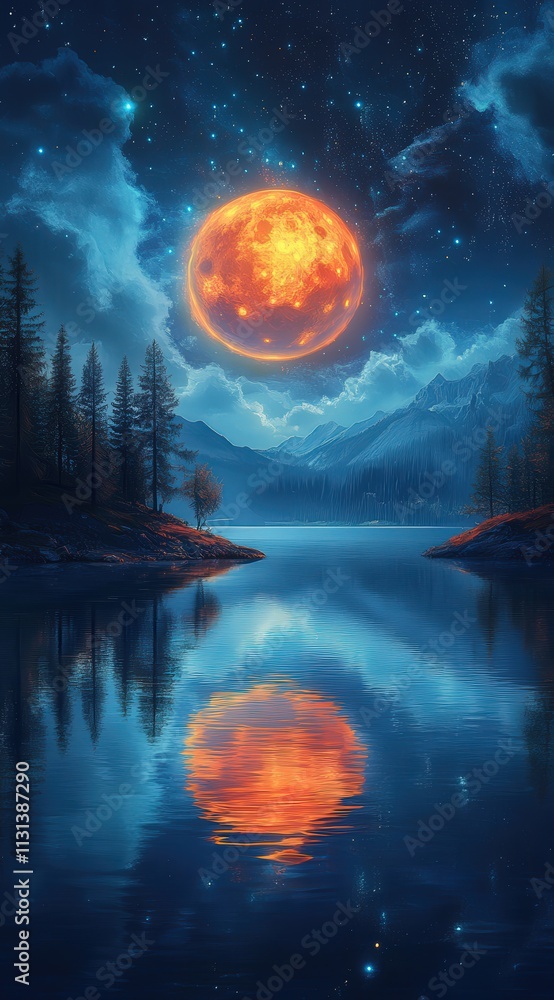 Fototapeta premium Enchanting nocturnal landscape featuring a fiery red moon reflecting on a serene lake, surrounded by tranquil pine trees and majestic mountains under a starlit sky.