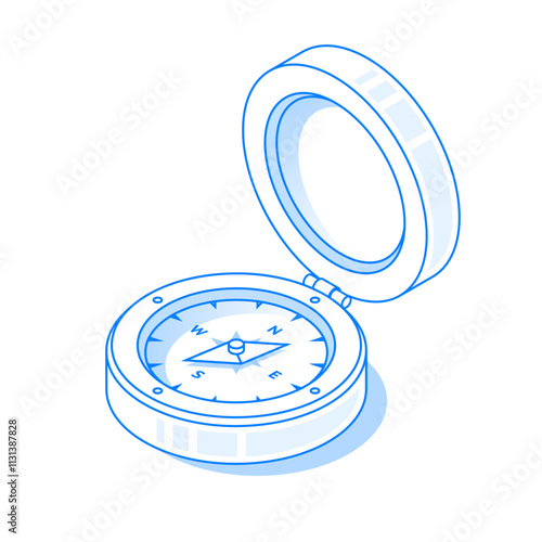 Vector isometric linear illustration of a vintage compass with windrose. Navigational equipment symbol isolated on white background. Travel concept. Editable stroke