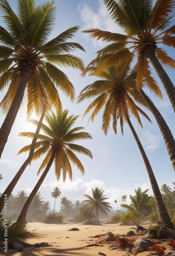 Obraz premium Leaves blown off palm trees by powerful gusts , tree foliage, tropical storm, storm debris