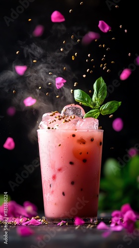 Indonesian es doger, pink coconut milk drink with ice, jelly, and basil seeds, Southeast Asian beverage, playful and refreshing photo