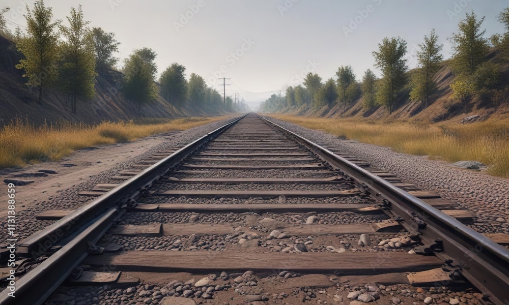 Fototapeta premium Old railway tracks disappear into the distance, old tracks, trees