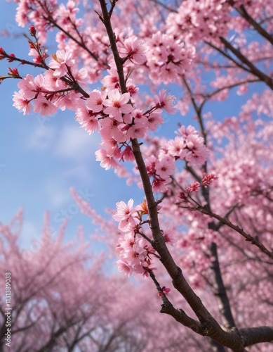 Prosthemadera novaeseelandiae in pink cherry blossom, blossoming tree, wildlife, pink flowers photo