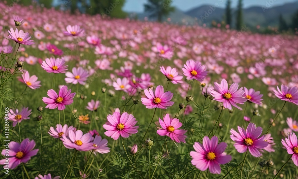 Fototapeta premium A field of pink Cosmos flowers swaying gently in the breeze , blooming, gentle, morning