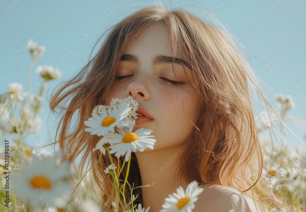 Young woman enjoying the warmth of the sun while surrounded by blooming daisies in a vibrant field, showcasing natural beauty and serene happiness in a tranquil setting Young woman enjoying the warmth of the sun while surrounded by blooming daisies in a vibrant field, showcasing natural beauty and serene happiness in a tranquil setting