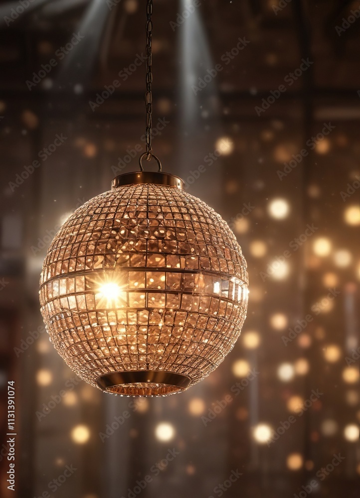 Obraz premium A glittering crystal disco ball suspended from the ceiling with a warm and blurred bokeh of lantern light, bokeh, elegant decor, soft focus