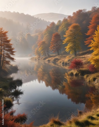 A misty autumn morning over an idyllic Yorkshire lake with surrounding hills and woodlands , misty dawn, scenery
