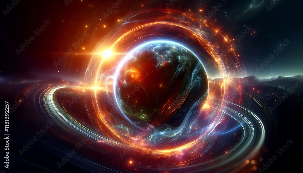 Obraz premium vibrant glowing planet encircled by dynamic cosmic rings illuminated by radiant light
