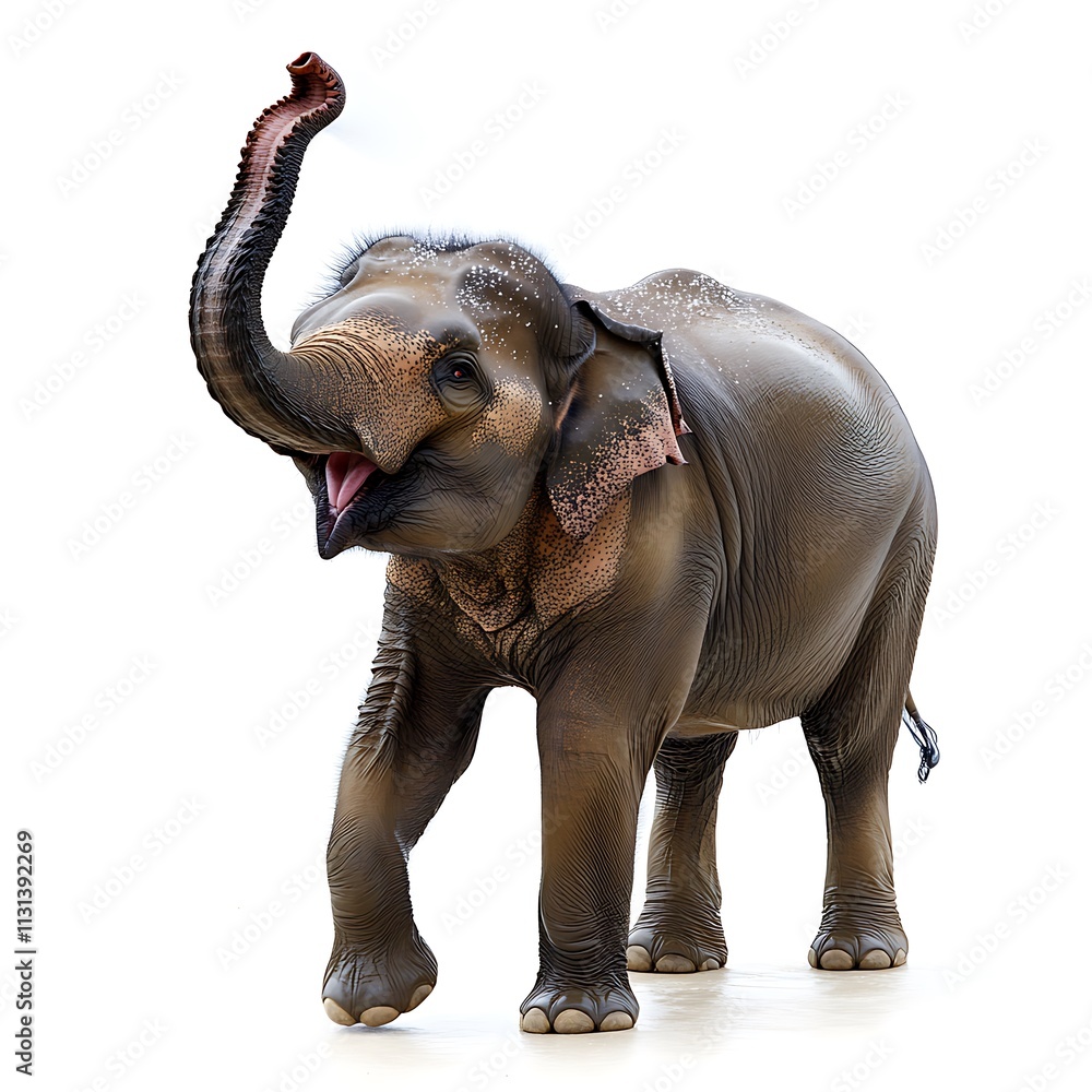 Obraz premium A majestic elephant spraying water from its trunk, isolated on a white background.