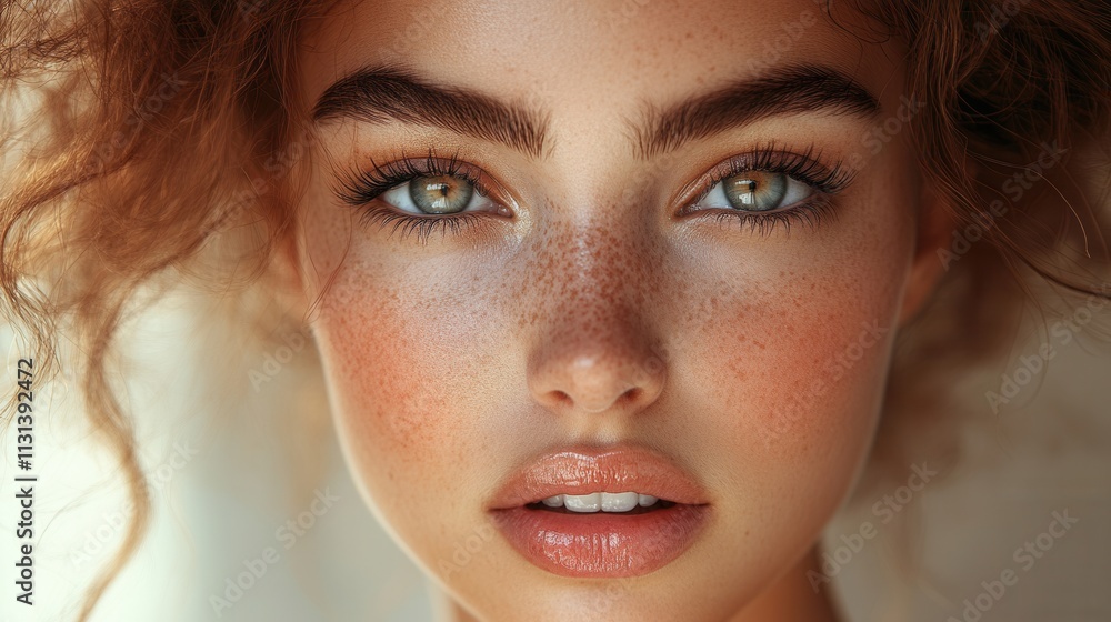 Fototapeta premium Striking close-up of a young woman with enchanting green eyes and natural freckles during golden hour, showcasing radiant skin and soft curls