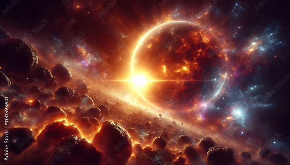 Fototapeta premium massive glowing star illuminating asteroid field surrounded by radiant cosmic light,generative ai