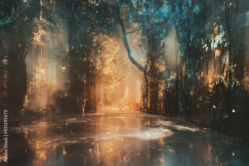 Verzauberter Wald mit leuchtendem Wasser und mystischer Atmosphäre

 photo