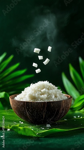 Traditional Lao ka nom kok, rice flour dumplings with a coconut filling, arranged on a banana leaf, Southeast Asian dessert, rustic and authentic photo