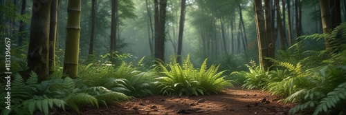 Bamboo shoots growing on the forest floor with ferns and wildflowers surrounding them , ferns, bamboo photo