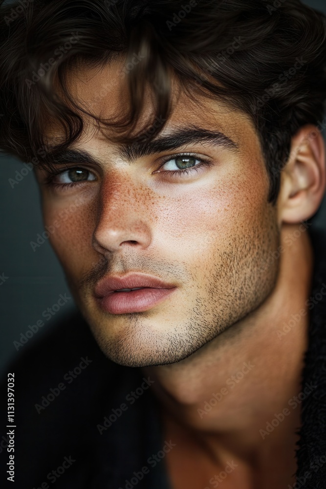 Fototapeta premium Close up portrait of a young man with striking features and tousled hair, showcasing natural beauty and captivating green eyes in a soft lighting environment
