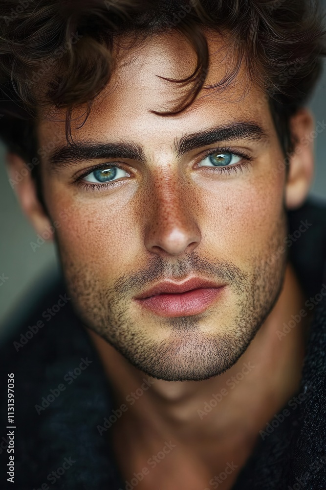 Fototapeta premium Young man with captivating blue eyes and tousled hair poses softly against a neutral background while showcasing a natural look and subtle expression
