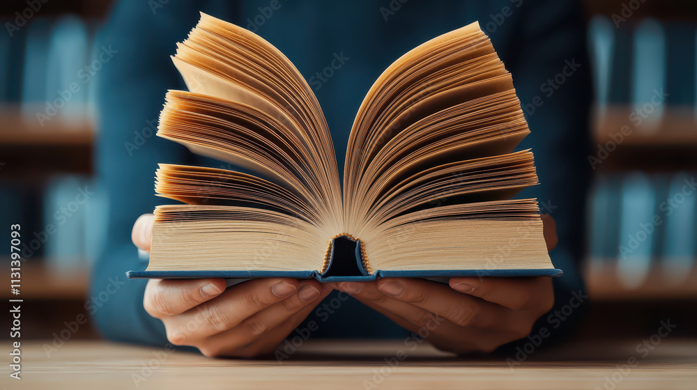 Fototapeta premium person holding open book with pages fanned out, showcasing text inside. background features blurred bookshelves, creating cozy reading atmosphere