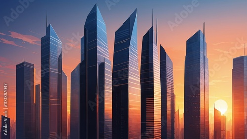 Vibrant skyline with reflective glass towers at sunset