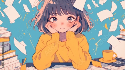 Overwhelmed Student with Papers and Books