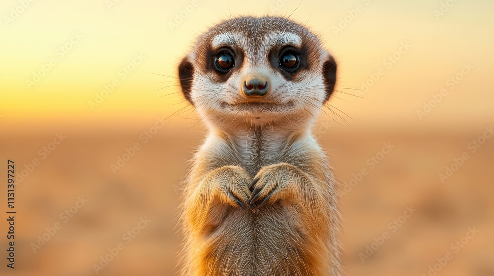 Fototapeta premium A cute meerkat stands upright, gazing curiously into the distance against a warm sunset background.