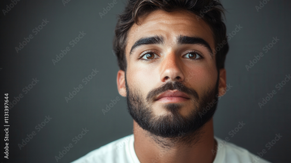 Obraz premium Young man with dark hair and beard gazes thoughtfully at the camera against a dark background