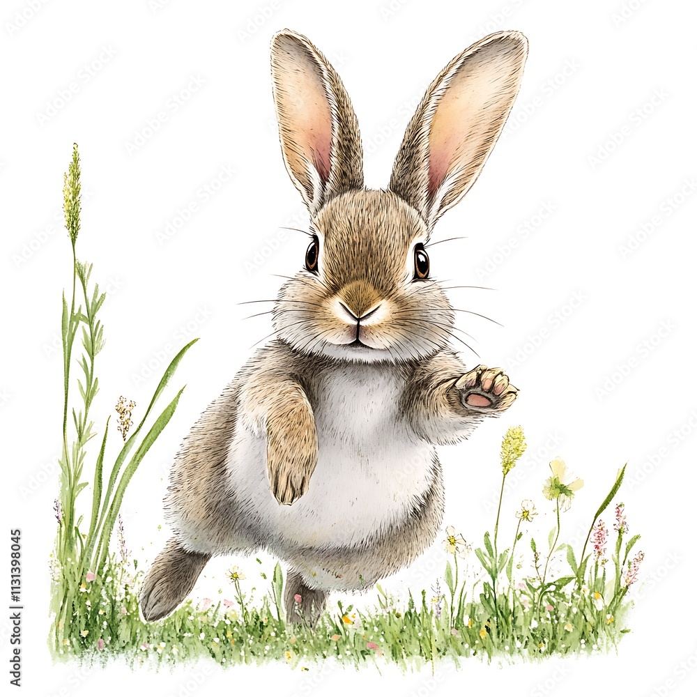 Fototapeta premium A playful rabbit hopping through a meadow, isolated on a white background.