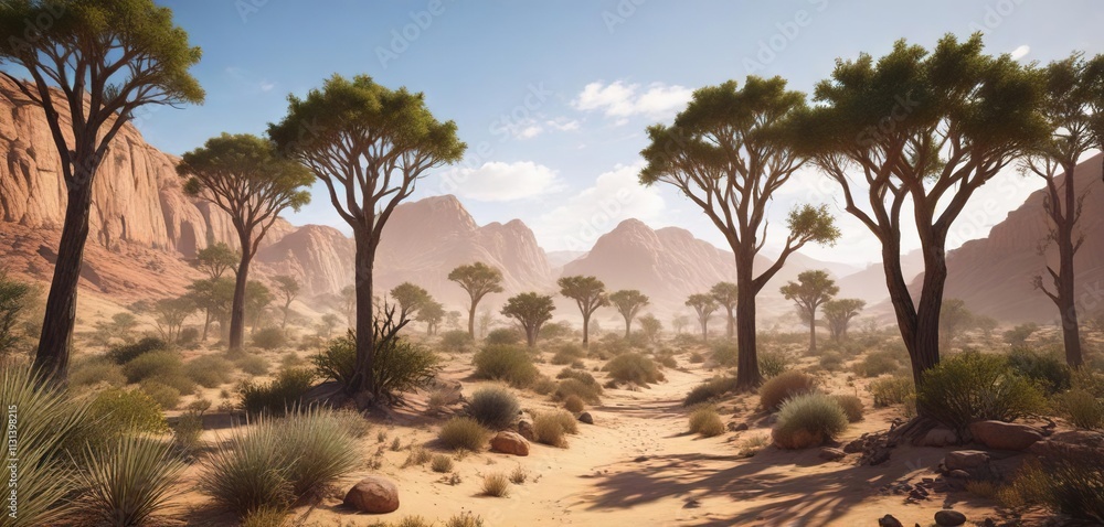 Desert landscape with towering trees in dense thicket, chacoforest, thick vegetation Desert landscape with towering trees in dense thicket, chacoforest, thick vegetation