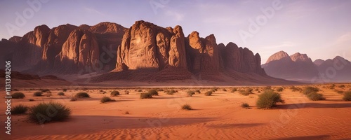 Desert landscape at sunrise in Wadi Rum valley, desert landscape, desert, sand