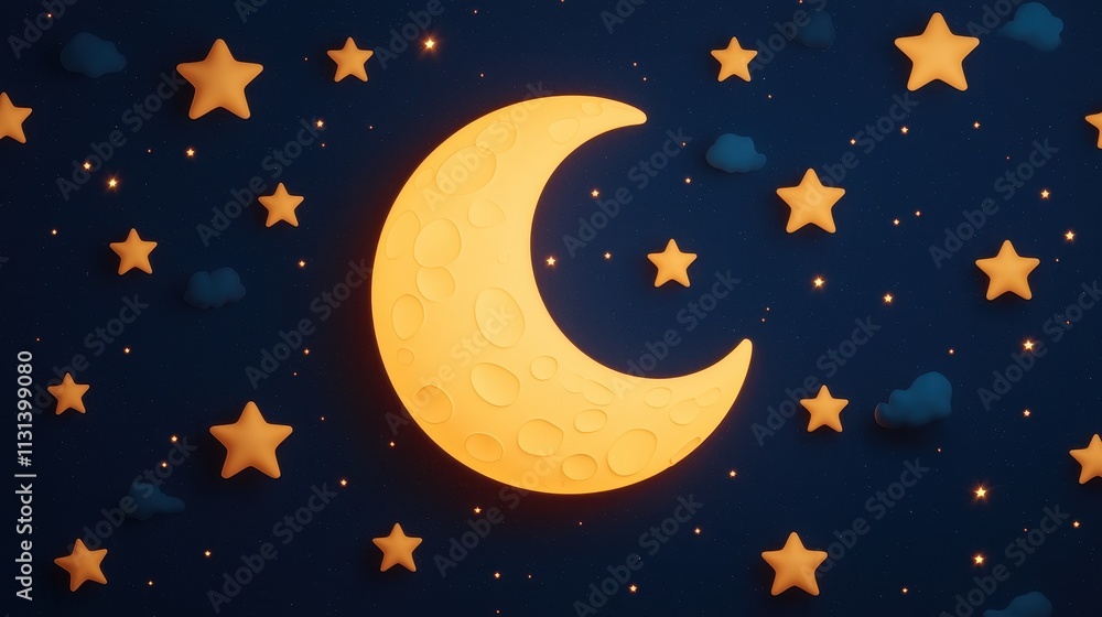 Naklejka premium A whimsical scene featuring a crescent moon surrounded by stars and clouds against a deep blue night sky.