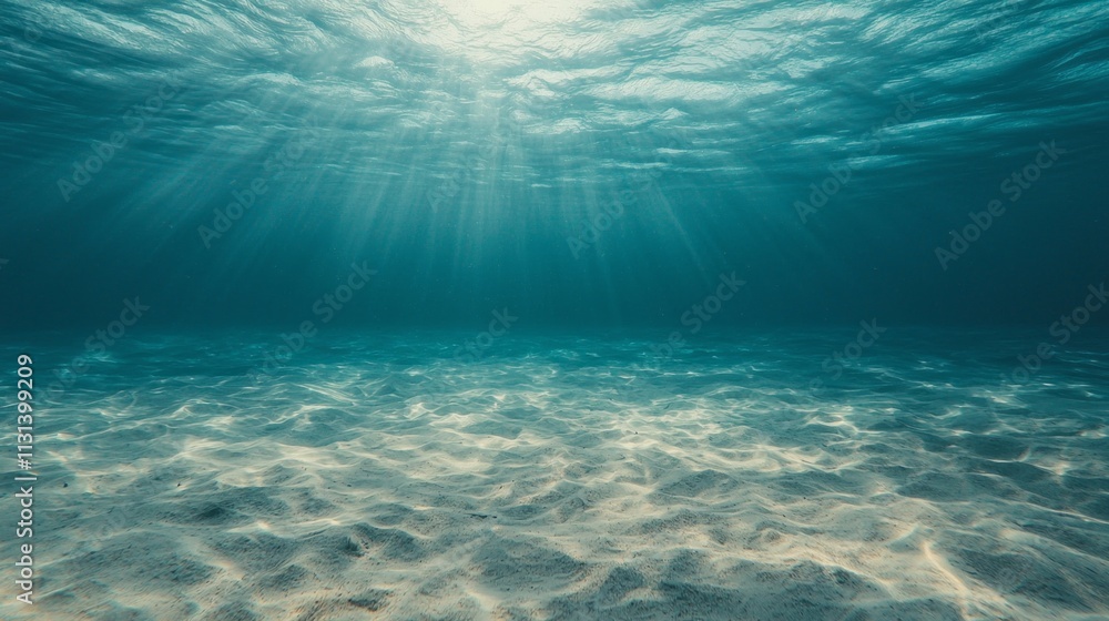 Naklejka premium Glistening rays of sunlight pierce through the crystal-clear water, illuminating the sandy ocean floor while a gentle current stirs life beneath the surface