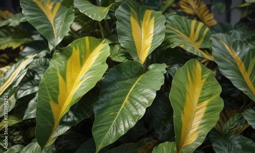 Large waxy leaves with yellow and green stripes, attractive, unique photo