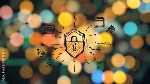 glowing shield icon with a padlock symbol surrounded by abstract bokeh lights for data security themes
