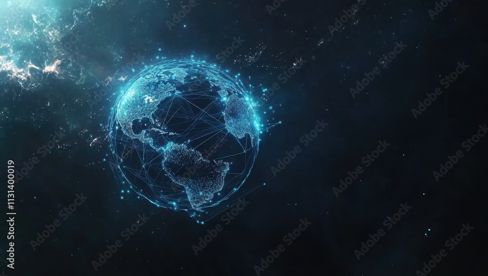 Obraz premium A blue digital globe with glowing connections, representing a global network and connectivity against a dark background Generative AI