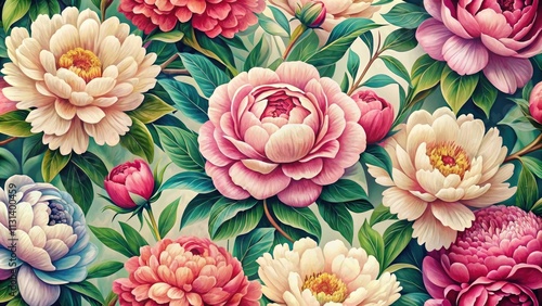 AI Generative Peony Wallpaper: Tileable Floral Pattern Hand Drawn Design