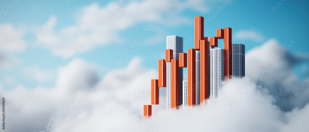 Fototapeta premium floating stock market with orange bars and skyscrapers in clouds